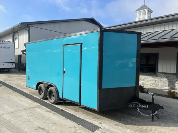 2026 Quality Cargo 8.5x16 Enclosed Trailer 7000 GVW - True Blue Blackout, Rear Wing, 7ft Height - front view